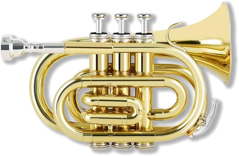 YoungMonic Pocket Trumpet Bb Flat Brass Trumpet for Beginner Student with 7C Mouthpiece Carrying Hard Case Cleaning Cloth Gloves - Image 2